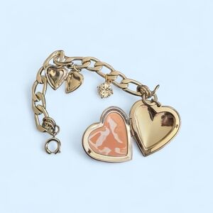 Vintage Juicy Cuture Silver Tone  Heart Locket Charm Bracelet with Peach Enamel